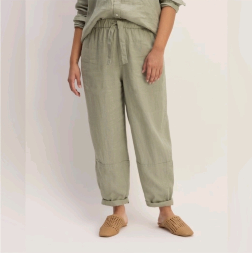 Everlane Sage Green Drawstring Linen Straight-Leg Pants